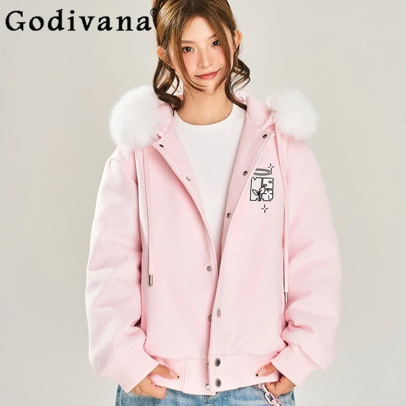 سترات مطرزة غير رسمية متعددة الاستخدامات للنساء على الطراز الياباني معطف صوف مبطن من القطيفة سترات نسائية وردية فضفاضة عالية الشارع #5