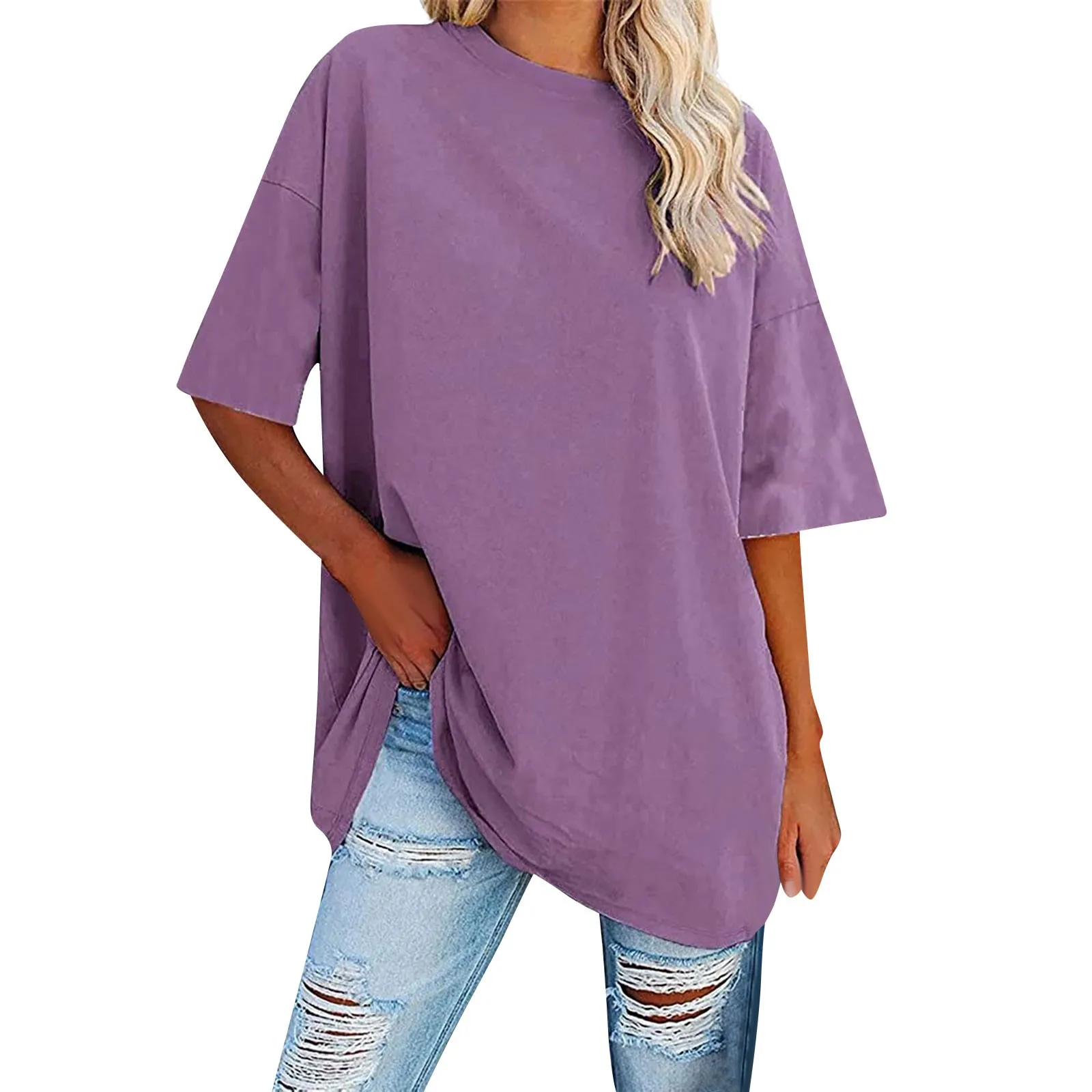 2024 New Women\'s Plus Size T Shirts Oversized Solid Color Tees Summer Short Sleeve Loose Tunic Tops