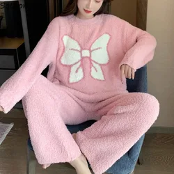Coral Velvet Pajama Sets Women Thicker Bow Sweet Keep Warm Full-length Comfortable Sleepwear Furry Lovely Homewear Harajuku New