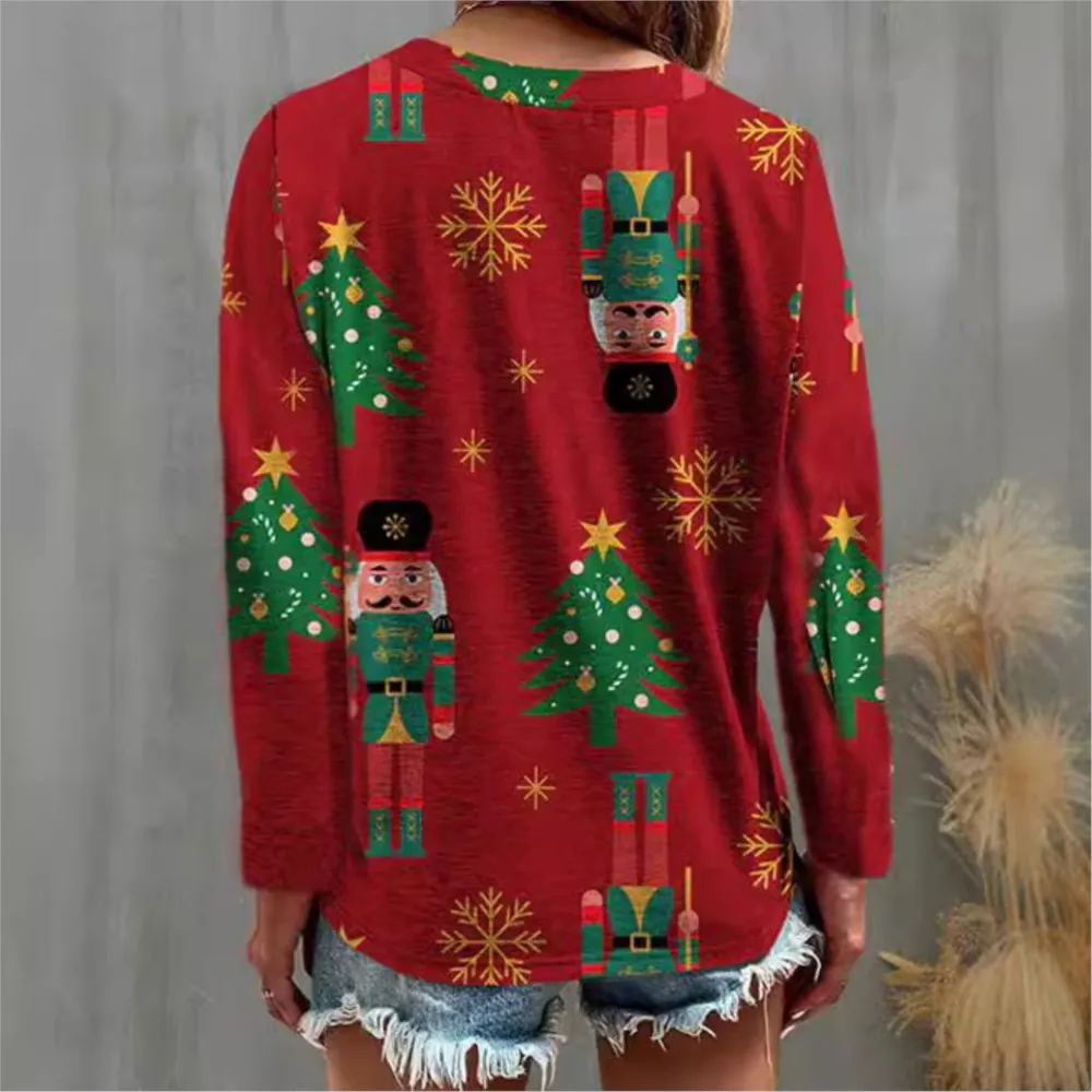 2024 Autunno Inverno Nuovo T-shirt allentata Bottone con scollo a V Albero di Natale Vacanza Casual Stampato a maniche lunghe Pullover T-shirt per le donne