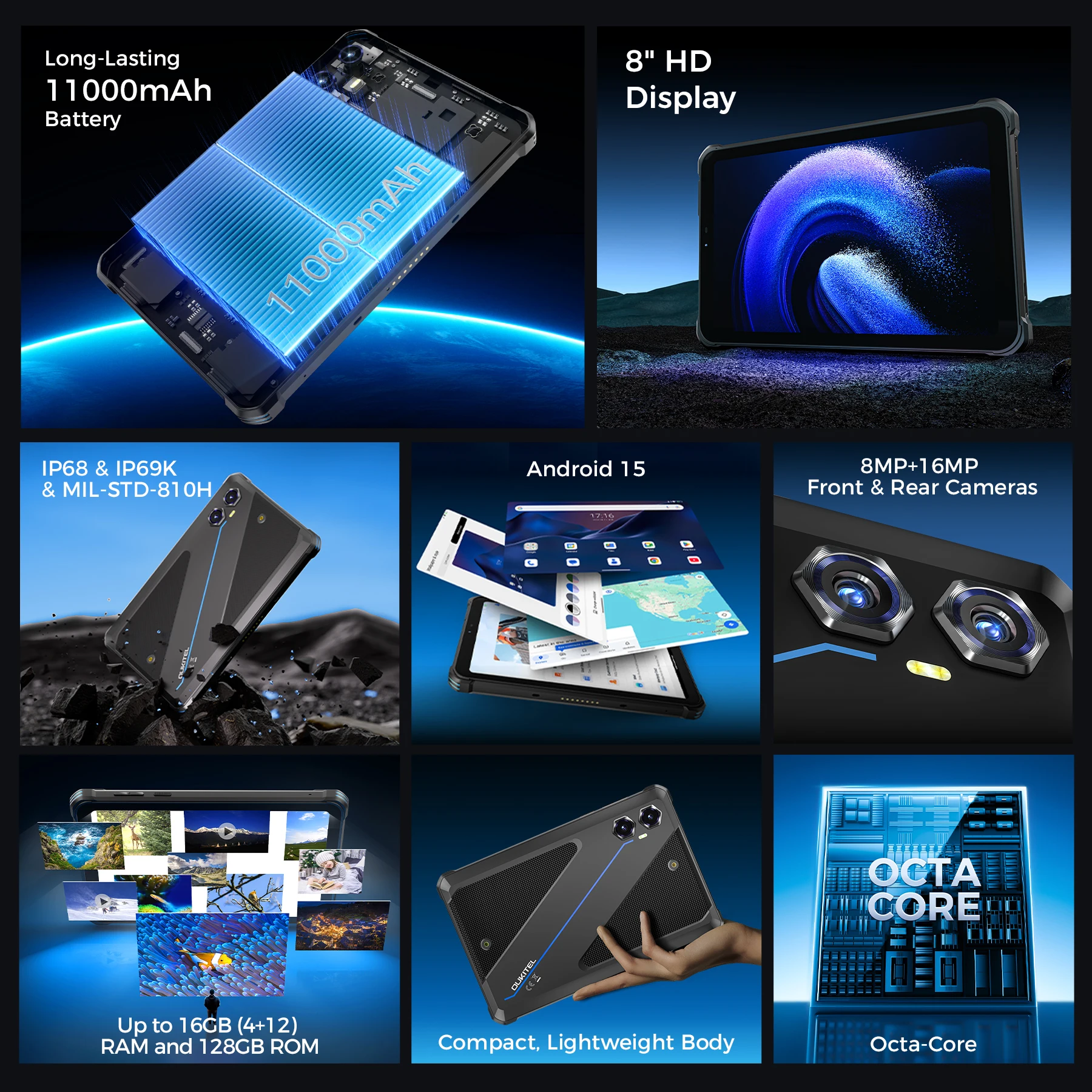 NEW Oukitel RT3 PLUS 4G Rugged Tablet 8 Inch HD 16GB (4+12)+128GB Smart Pad 11000mAh 16MP IP68 &IP69K Tablet PC Android 15 NFC