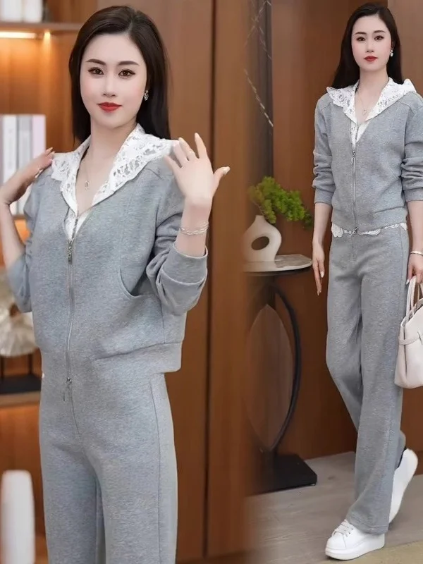 

Lace Splice Casual Sports Set for Women Spring Autumn New Sle Lazy Faion Long Pants Hoodie Two Piece Set Student Work Uni...