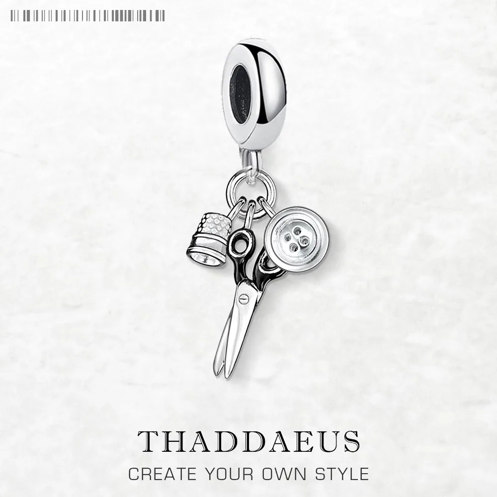 Thimble Scissors Button Pendant 925 Sterling Silver Dangle Charm Women Men New Fine Jewelry