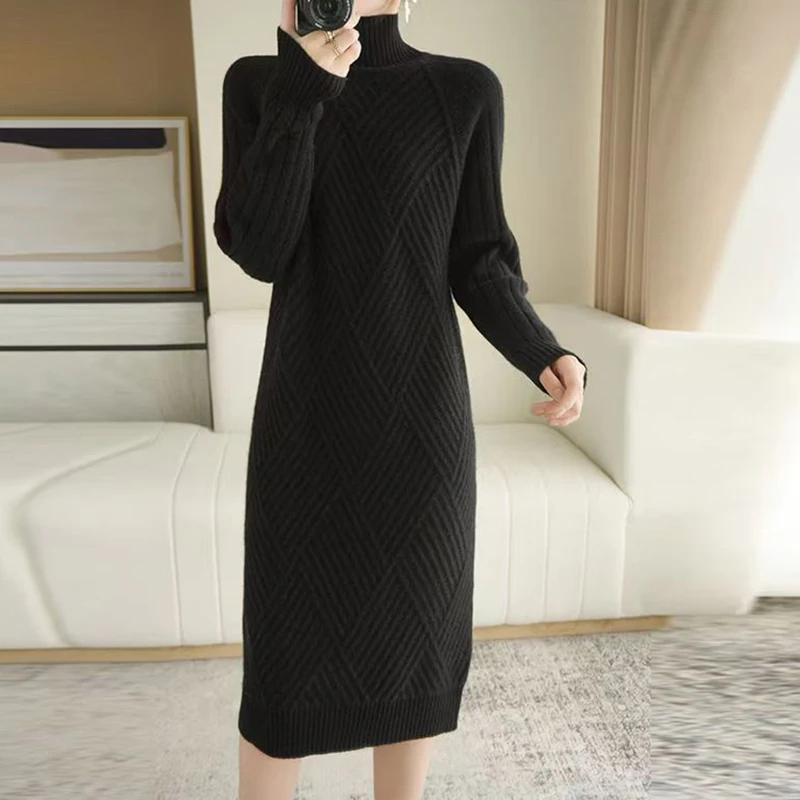 EVNISI Autumn Winter Women Wool sweater Dress Mock Neck Ribbed Solid Knit Dresses Elegant Lady Party Bottoming Cashmere Vestidos