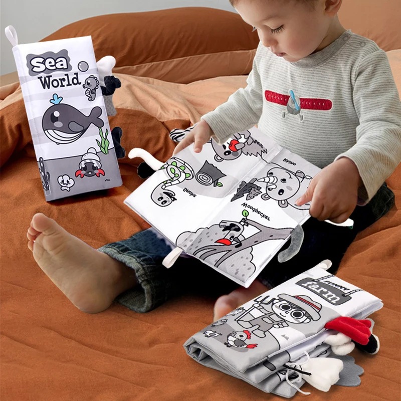 Baby Cute Animal 3D Tail Cloth Book Baby Press Bb Apparatus Black and White Cloth Book Puzzle Enlightenment Teaching Aids Gift