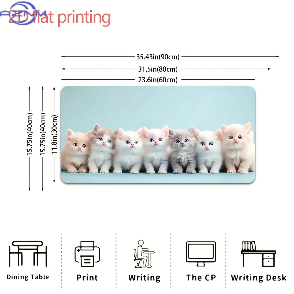 One Extra-Large Gaming Mouse Pad Featuring an Adorable Kitten Parade Design in White, Pink, And Gray on a Light Blue Background.