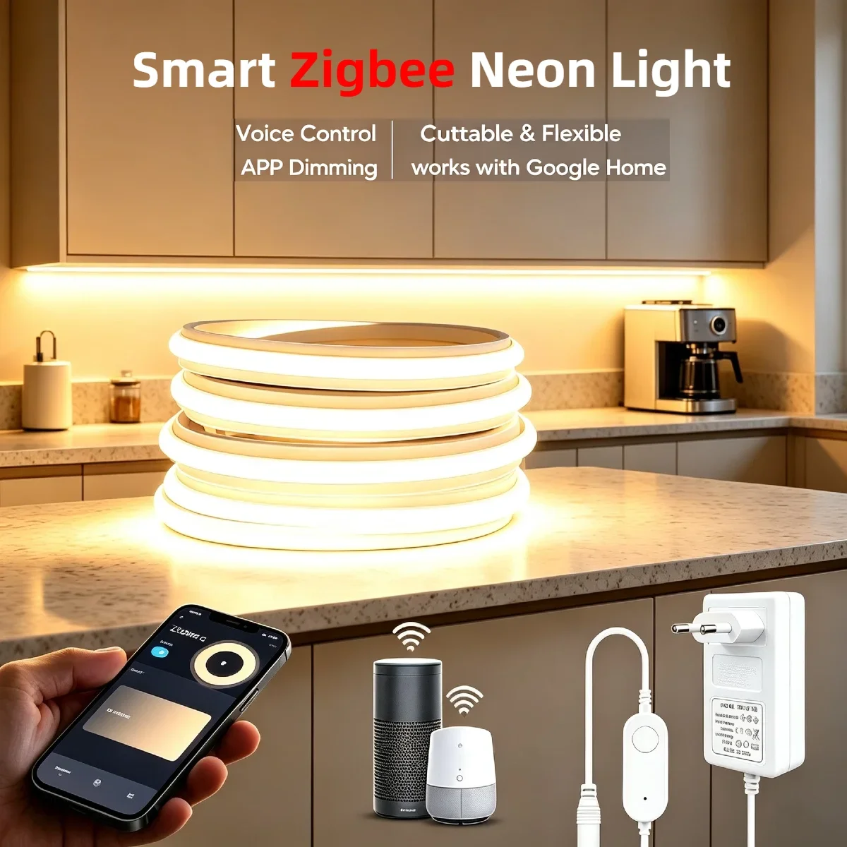 Zigbee Smart Neon LED Strip Light Kit, Tuya App Dimmable Voice‑Controlled Solid Silicone Neon Rope, Support Alexa Google Home
