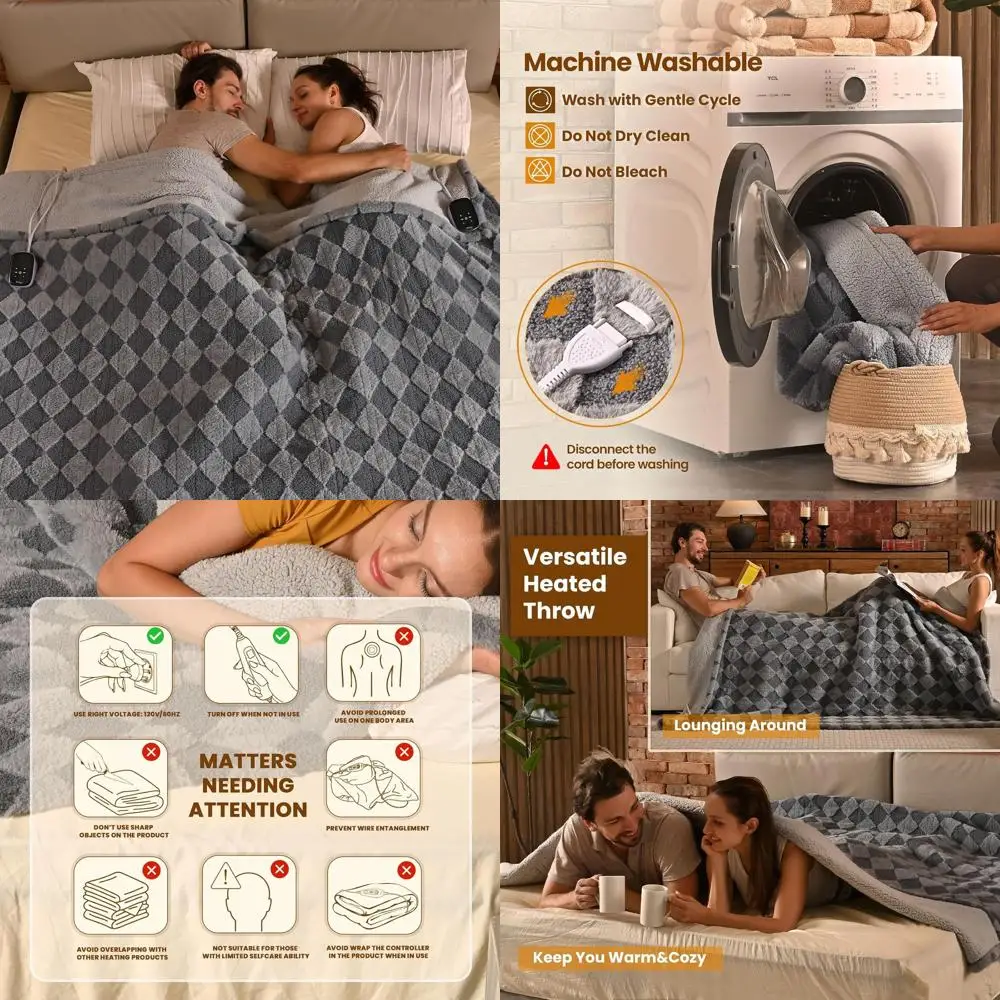 

King Size 100x90 Dual Control Electric Blanket, Gray Teddy Faux Fur & Warm Sherpa, 10 Heat Levels, 1-12H Auto Off, ETL, Machine