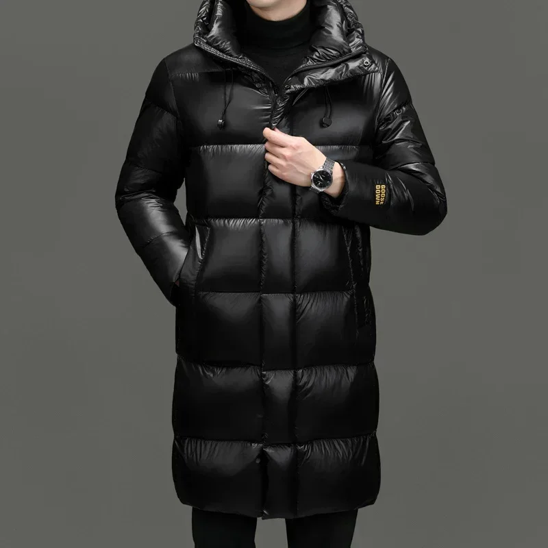 Men's Winter Down Jacket Goose Hooded Black and Gold Mid-length Coat Thick Warm Casual Clothing Waterproof Top Jack