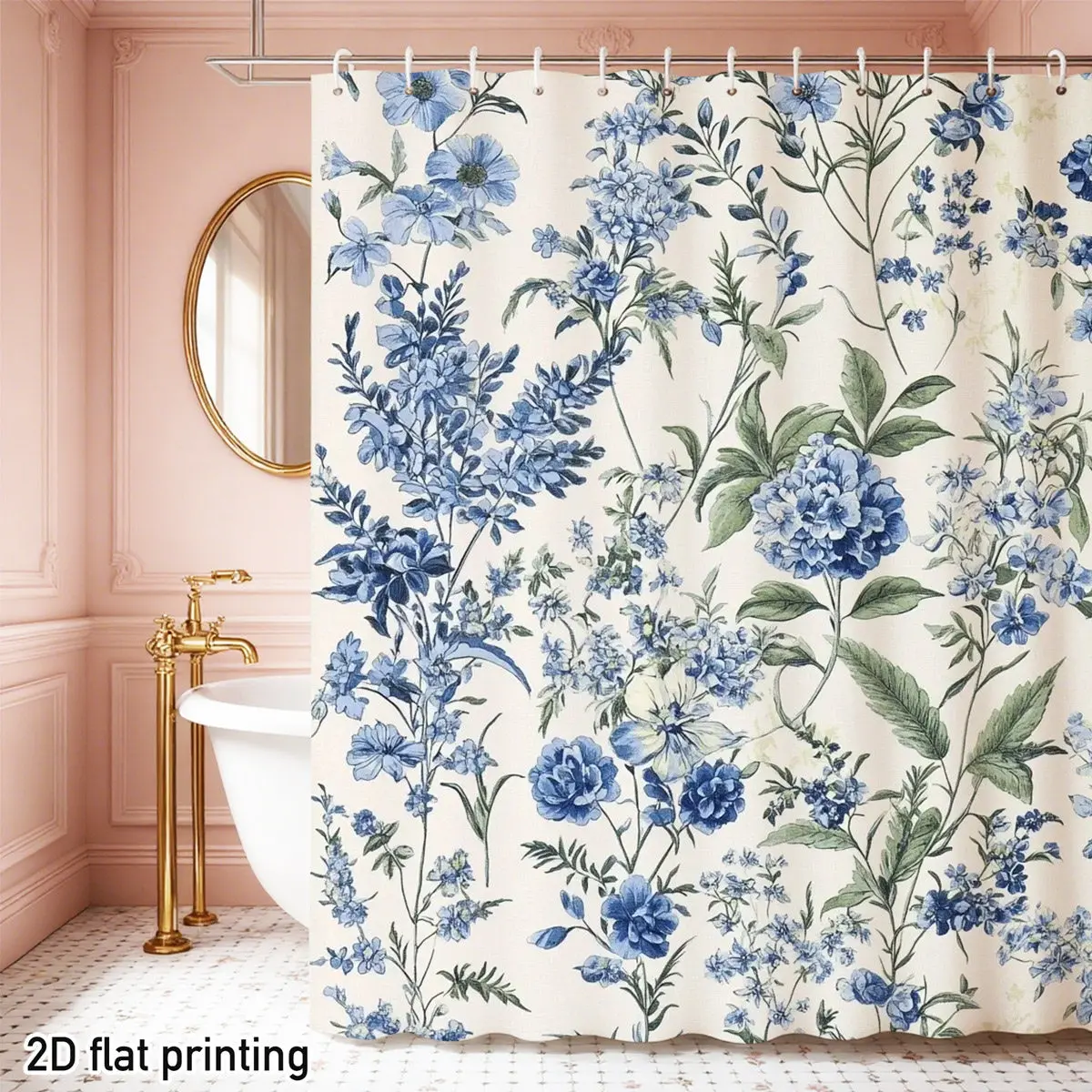 Blue Floral Pattern Shower Curtain Waterproof Easy to Clean Privacy Protection Print Vintage Botanical Design Elegant 12 hooks