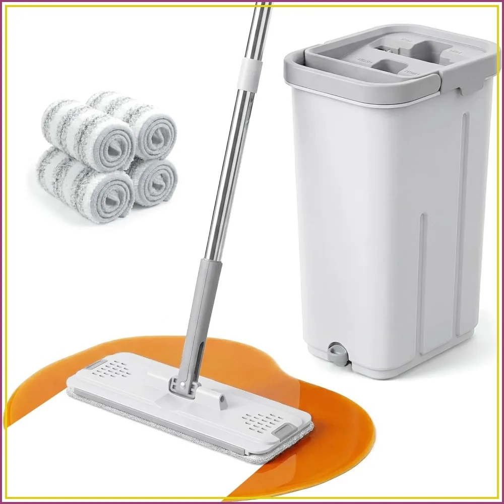 

Mop and Bucket Set with Wringer, Wet Dry Mop for Hardwood Floors, Tile, Laminate, 4 Washable Microfiber Pads