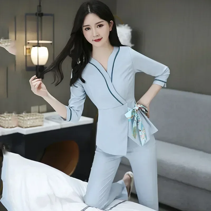 Beauty Salon Estheticienne Spa Uniform Massage Work Clothes Foot Therapist Work Gowns for Women Blue Beautician Uniform Suit