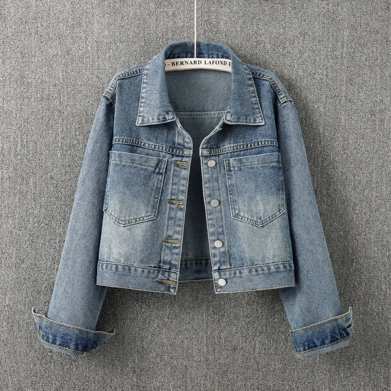 

Denim Coat Women Jackets Short Outerwear Pockets Single Breasted Turn Down Collar 2025 Autumn Streetwear Distressed Washed