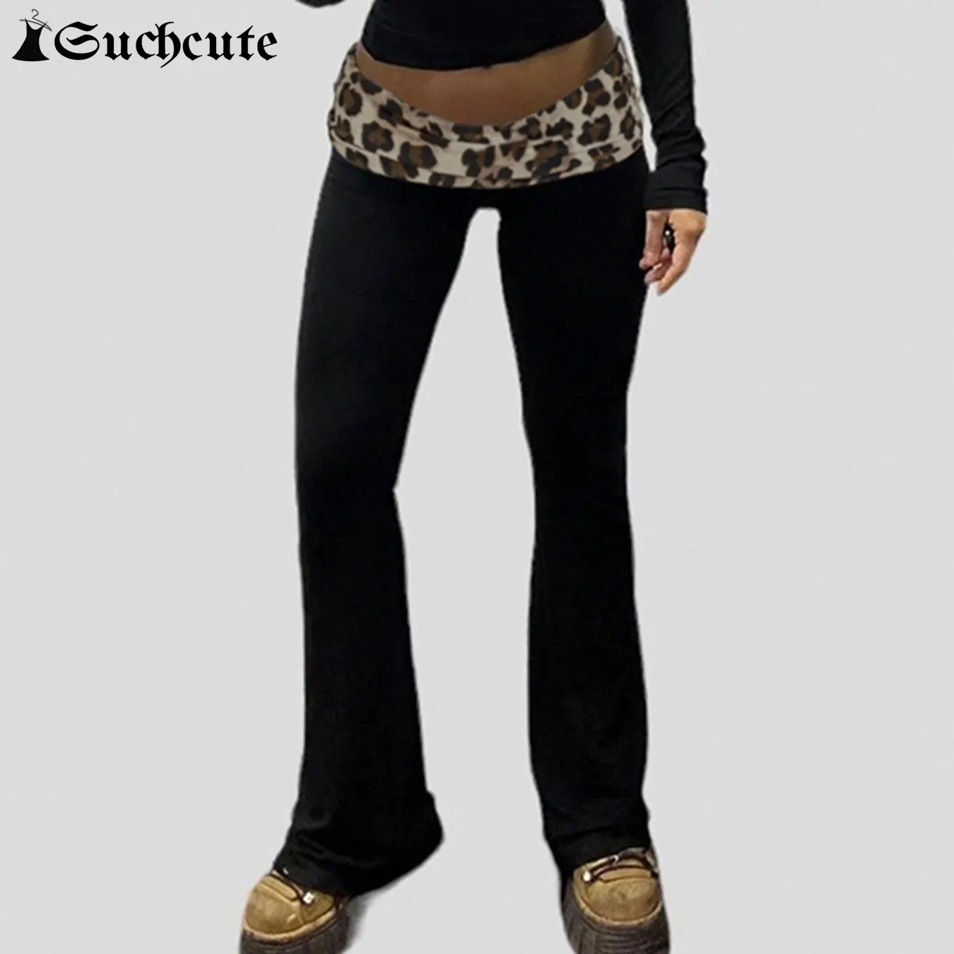 SUCHCUTE ﻿Vintage Leopard Print Skinny Flared Pants for Women Streetwear Low Waist Elastic All-match Pants Y2k Casual Trousers