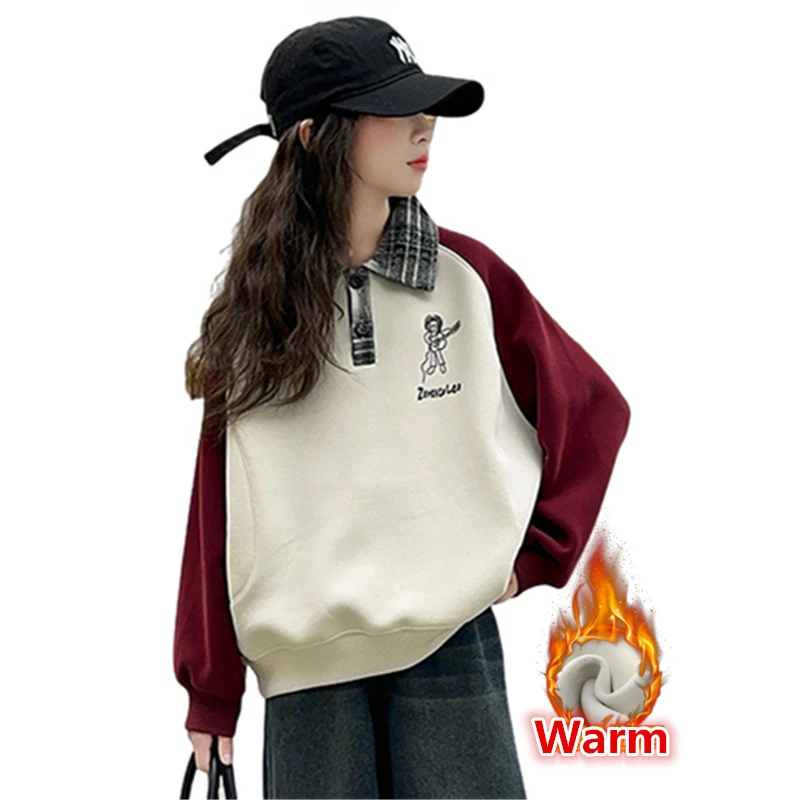 

Elegant Kids Warm Polo Collar Sweatshirt For Girls Winter Children Long Sleeve Tee Tos T-shirt for Girls Thermal Outerwear 5-14Y