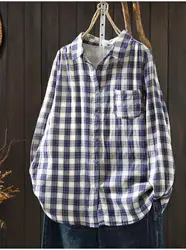 2026 Vintage clothing women's plaid shirt Japanese style casual pure cotton yarn checkered shirts long sleeve blouses