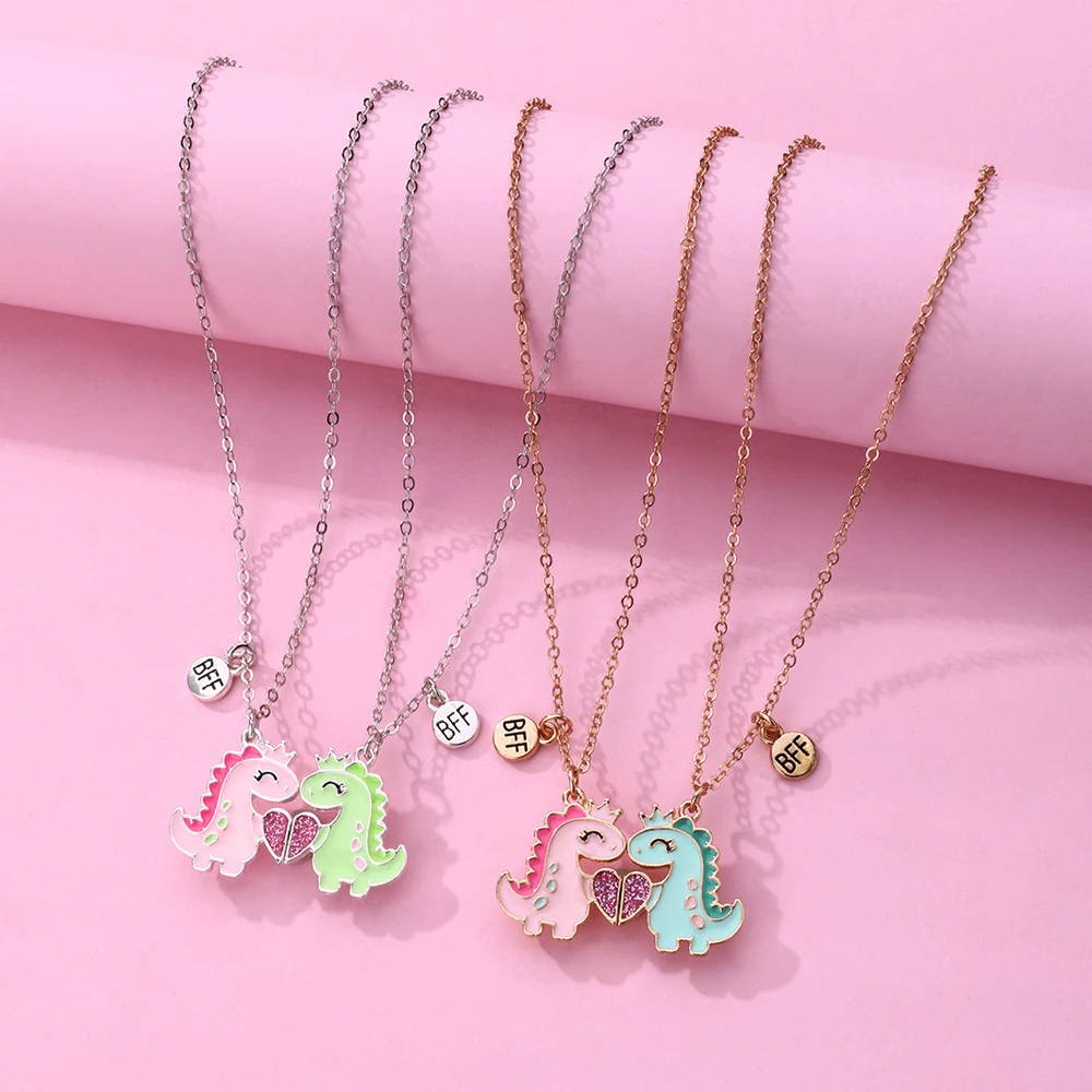 Karsyngirl 2Pcs/set Cartoon Cute Animal Dinosaur Best Friend Necklace BFF Friendship Jewelry Gifts for Girls