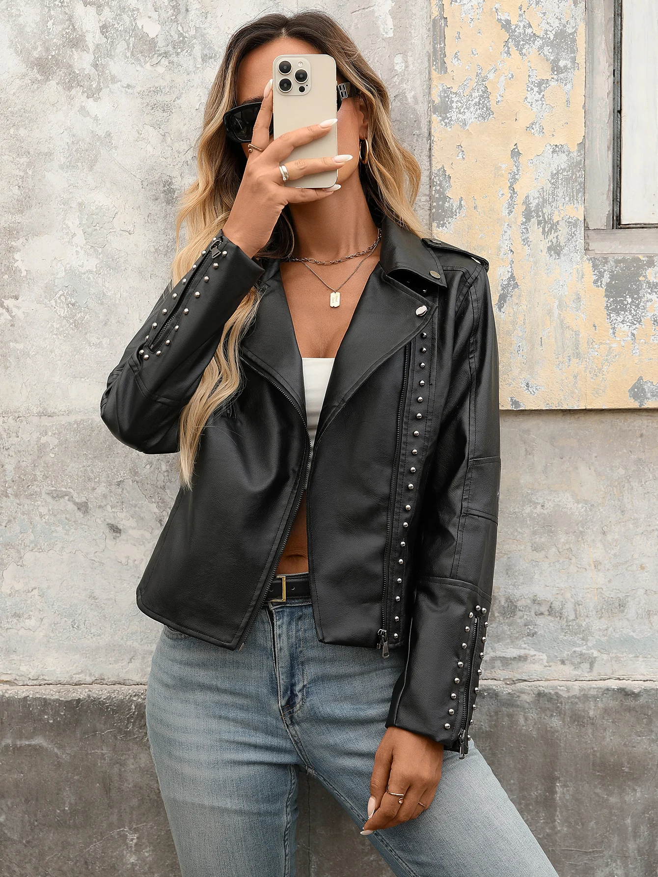 Veste en simili cuir pour femme Punk Biker clouté Rivet fermeture éclair Moto manteau de mode