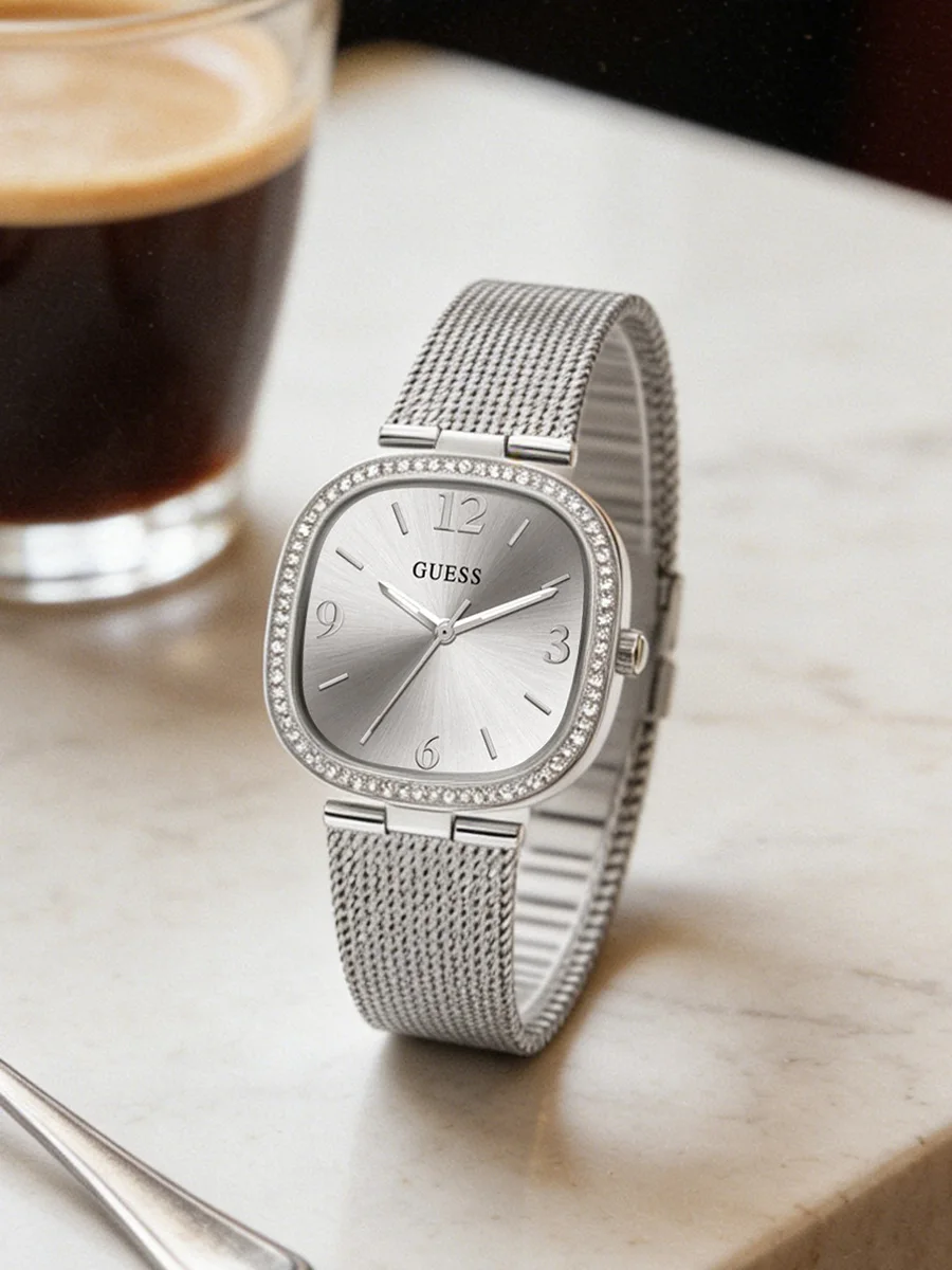 GUESS GW0354L1 Elegant Women Quartz Watch Silver Mesh Strap Square Dial Crystal Bezel Wristwatch Daily Party Anniversary Gift