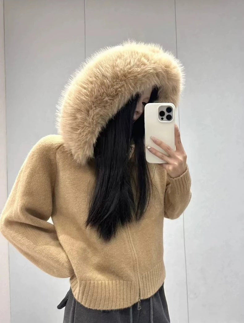 

Women's Autumn Winter Fur Patchwork Hooded Long Sleeve Loose Cardigan Jacket Lady Casual Solid Color Zipper Cardigan Outwear