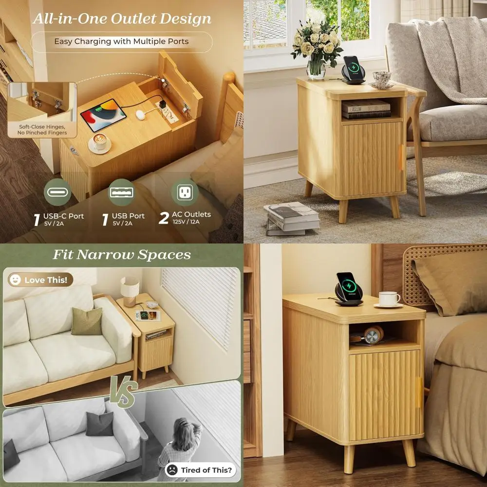 Compact Charging Nightstand with USB-C, Storage Cabinet, and Back Rack, 13.4 x 23.6 Natural Wooden Side Table for Small Spaces