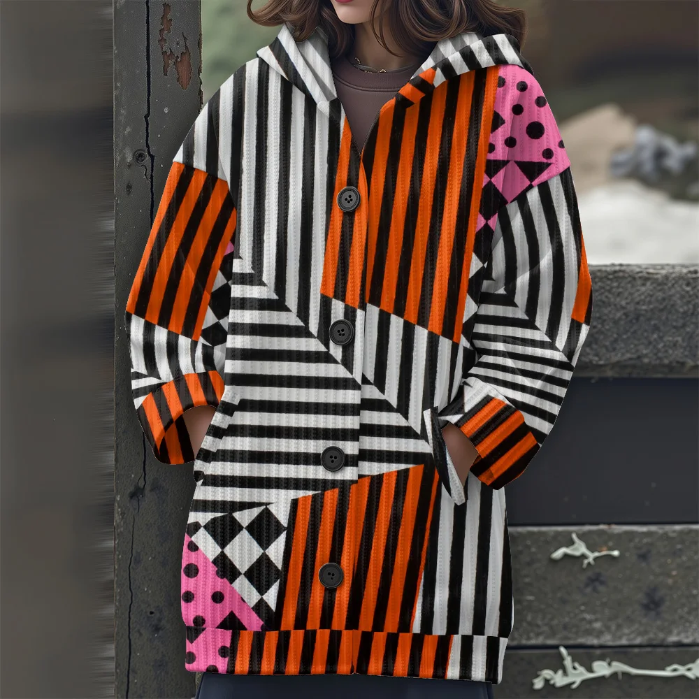 추상 기하학 캐주얼 여성용 스웨터 기하학적 줄무늬 긴팔 스웨터 불규칙한 라인 긴 스웨터