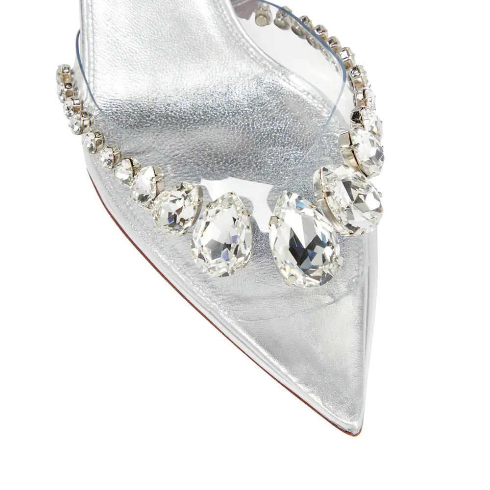 2023 Transparent High Heels Silver Diamond Sandals Slim Heels Ankle Strap Pointed Women's Shoes