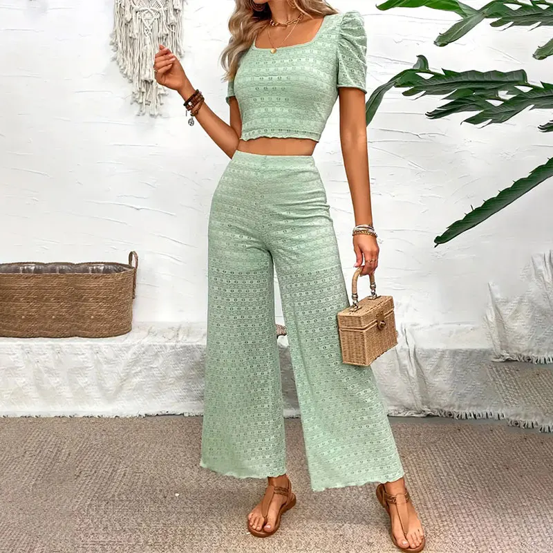 Y.KUKU New Pant Sets For Women 2 Pieces Ladies Tops Short Sleeve Long Trousers Elegant Outfit Jacquard Lace Female clothing