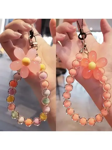 Colored bead petal Lanyard for IPhone Anti-Lost Bracelet for Samsung Mobile Phone Case Wrist Strap Car Keychain Cute Phone Charm