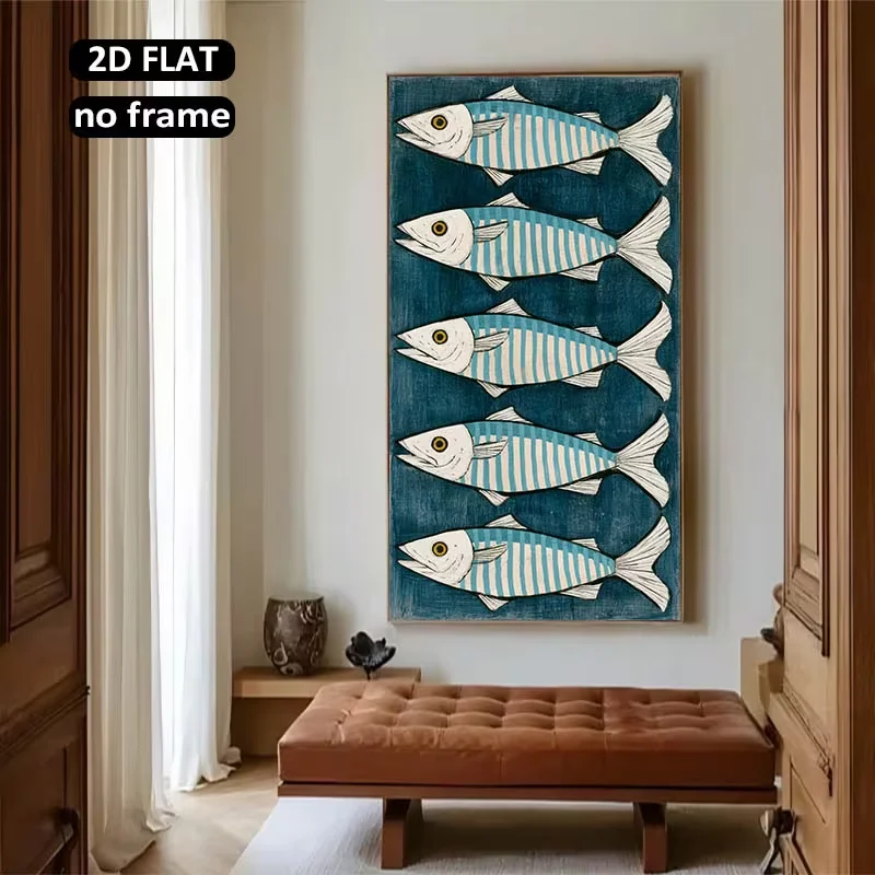 2D Flat, 1pc Large Five Fish Wall Canvas - Unframed Suitable for Interior Decoration, Traditional Stripe, Housewarming Gift, Mod