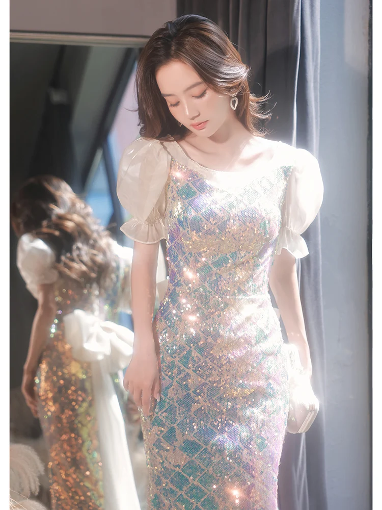 

iny Sequin Evening Dr 2025 Banquet Tail Fi Tail Knot High End Luxury Adult Toasting Host Korean Sle Bub...