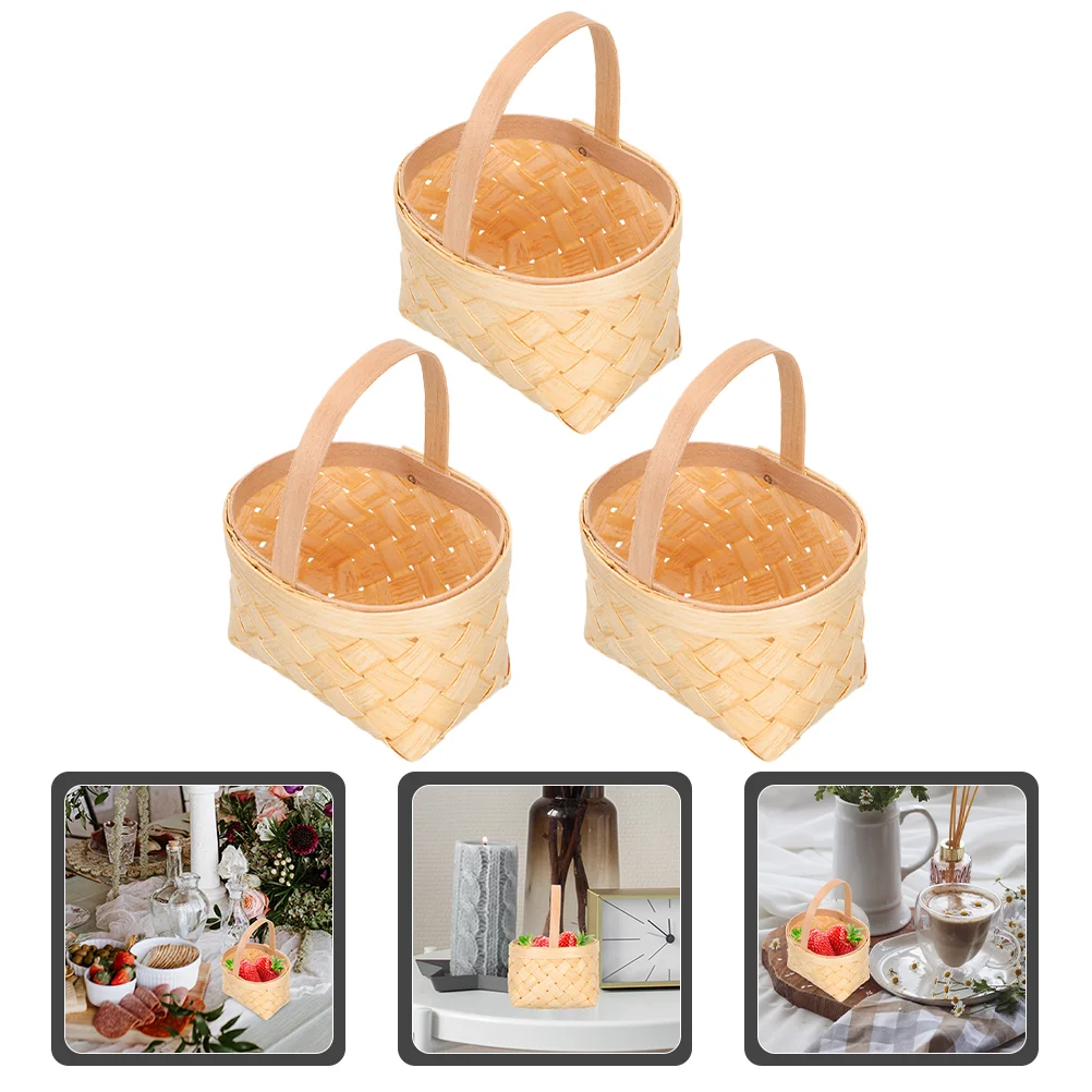 

3 Pcs Small Wooden Basket with Handles Party Treats Holder Manual Birthday Candy Baskets Chinese Fir Mini Woven Chocolate