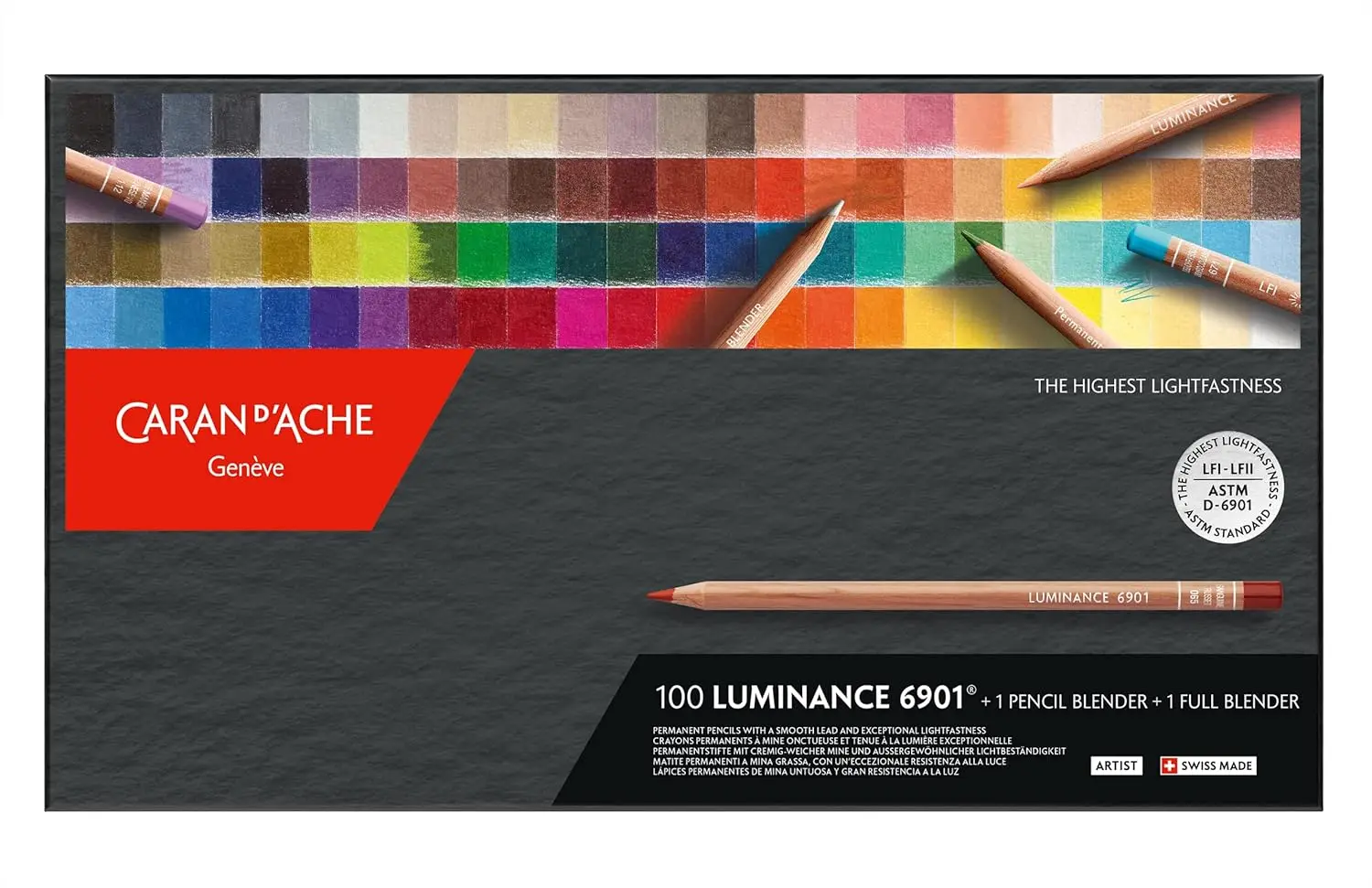 Caran d'Ache Luminance 6901 Box of 100 Individual Coloured, Artists, Colour Coded Pencils & 1 Full & 1 Pencil Blender