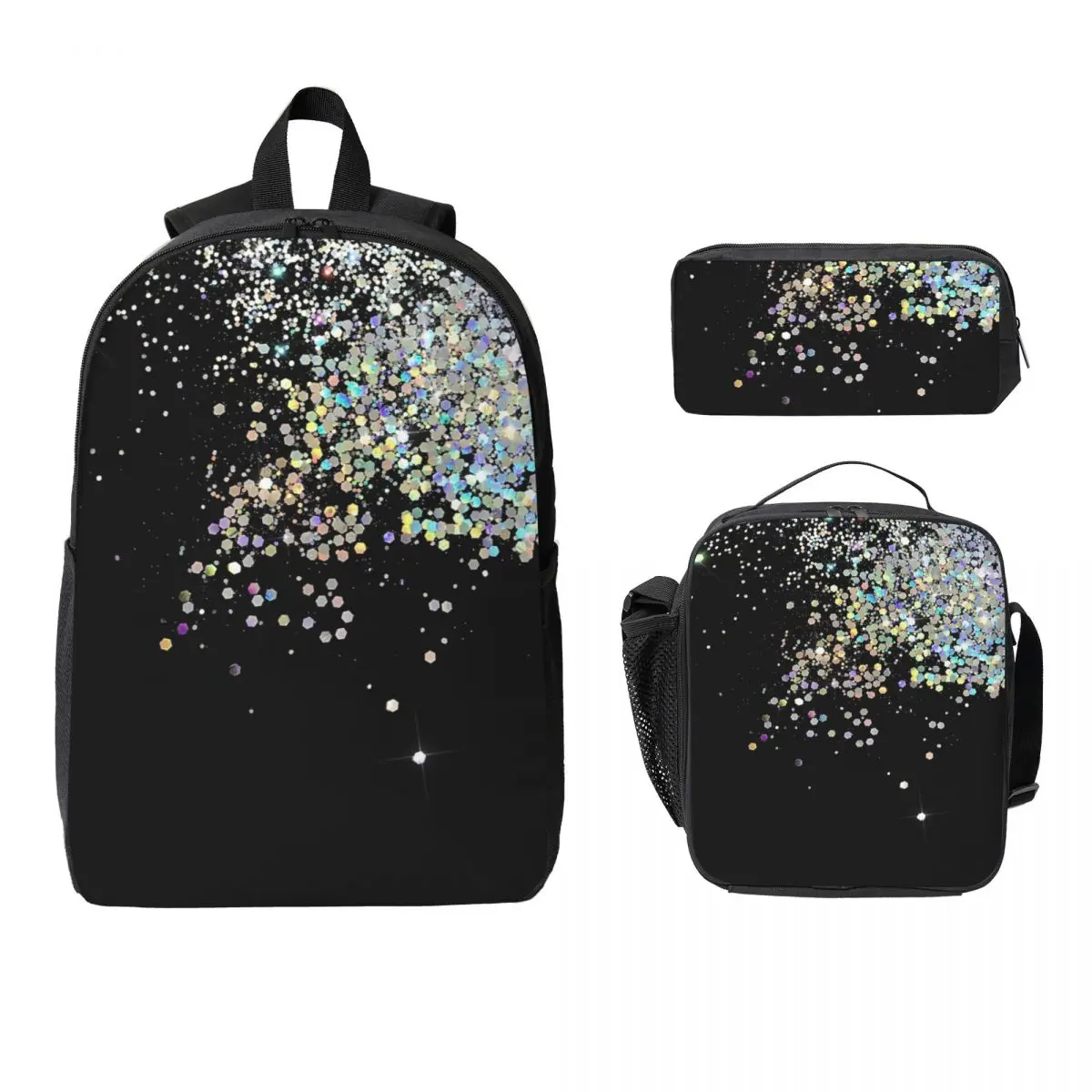 

Black And Holographic Sparkle Backpack Student Boys Girls BookBag School Bag Shoulder Bags 3ps Insulated Lunch Bag Pencil Case
