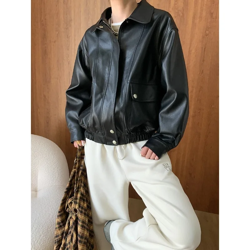 Black PU Leather Vintage Lapel Leather Coat Women Fashion Casual Long-sleeved Motorcycle Style Autumn Basic Fake Leather Jacket