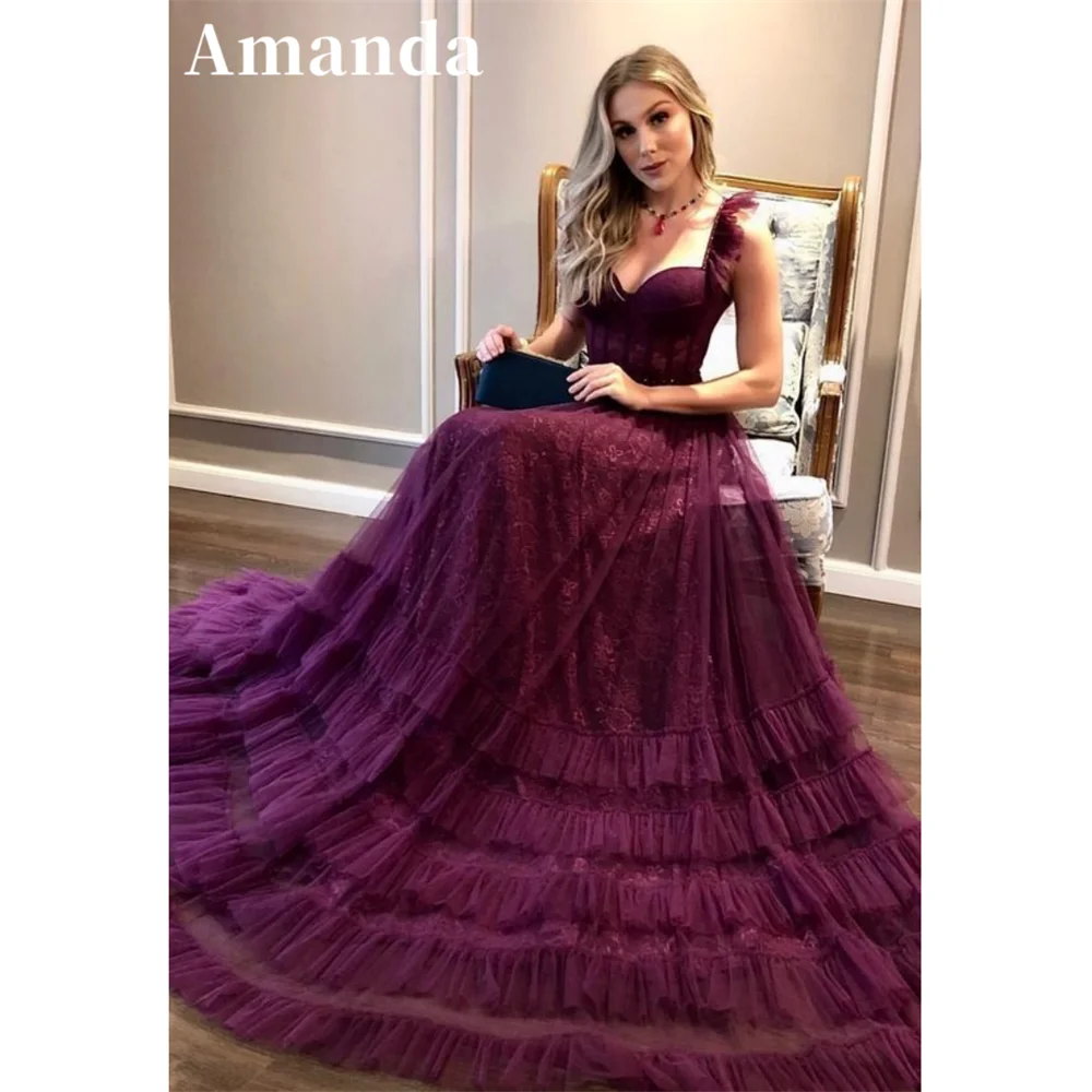 Amanda Dark Purple فساتين مناسبة رسمية Sweetheart Lace Vestidos De Noche Elegant Multilayer Tulle Floor Lenght Prom Dress 2023