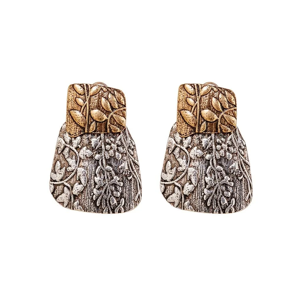 Autumn Vintage Style Two Tone Floral  Engraved Drop Earrings | 2025 Ethnic Art Party Jewelry Free Shipping