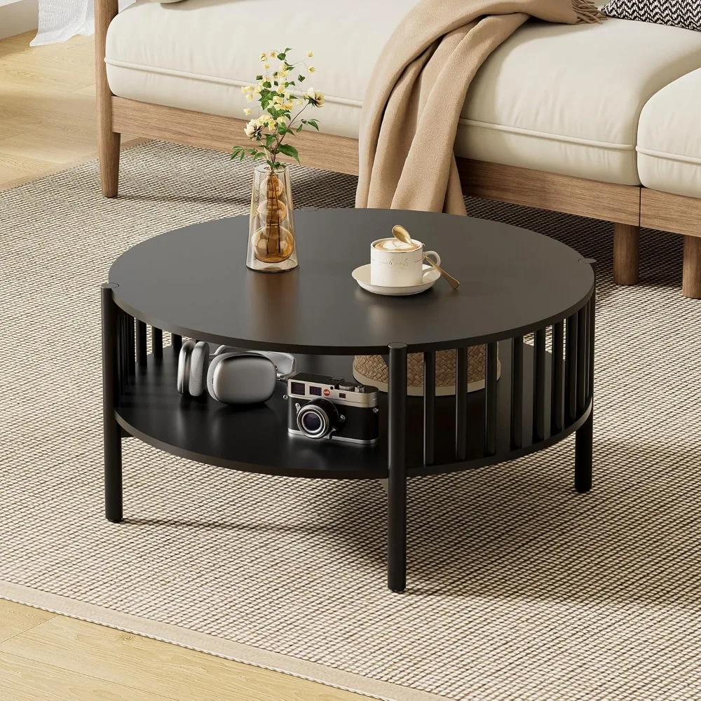 

Round Coffee Table for Living Room, Wood and Modern Coffee Table with Open Storage, Black