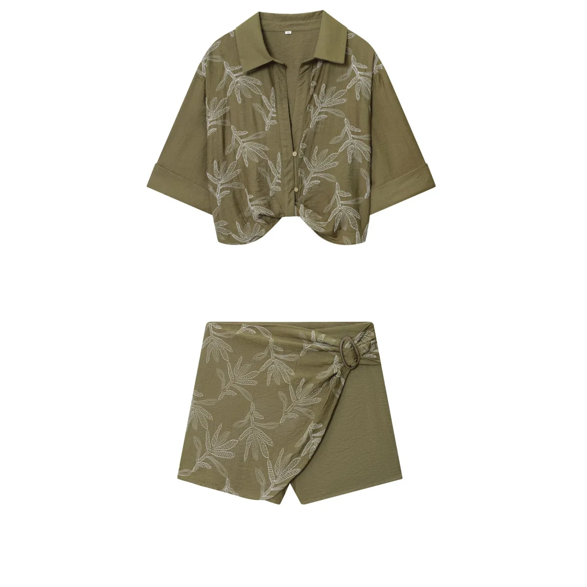 

Withered European And American Style Short Sleeved Embroidered Shirt+loose Buckle Embroidered High Waisted Skirt Pants