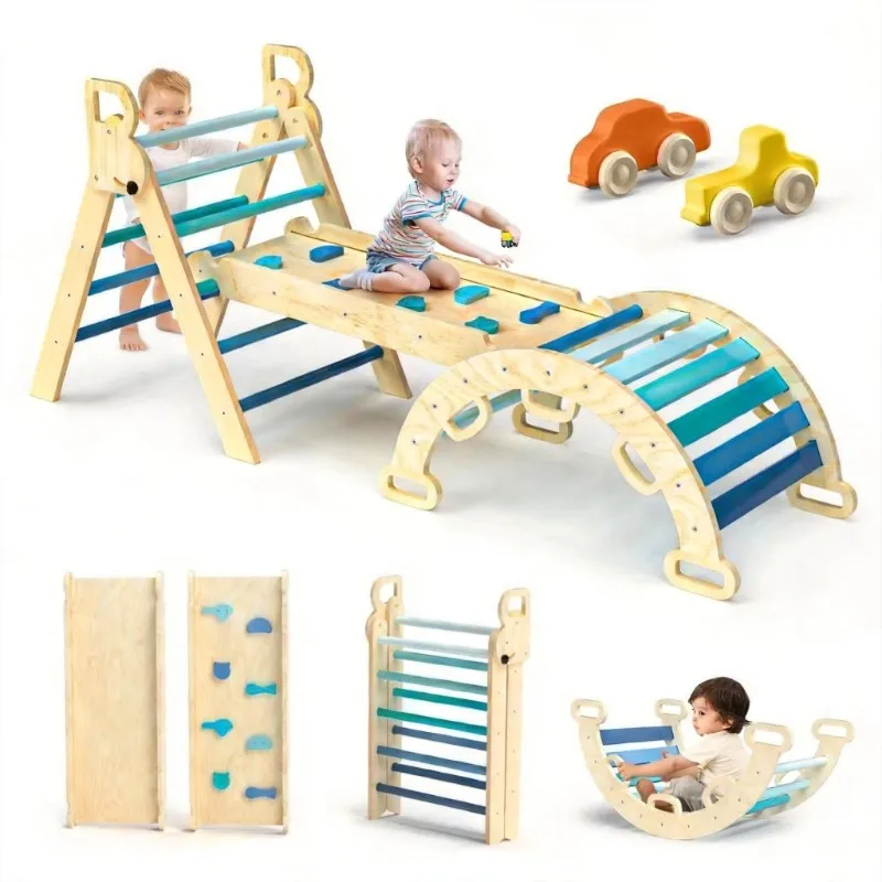Wooden indoor children's climbing frame - a baby's physical training toy with simple and foldable triangular design
