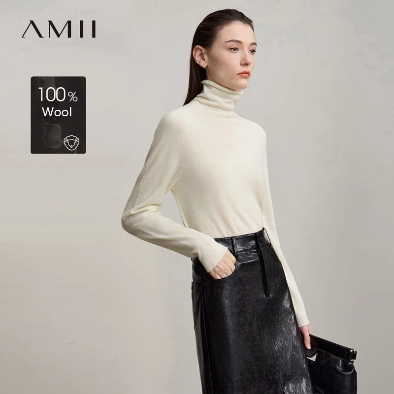 

AMII женский свитер, цельношерстяной вязаный свитер с длинными рукавами, базовый однотонный топ, женский осенний свитер 202, новый универсальный свитер с воротником 12523161