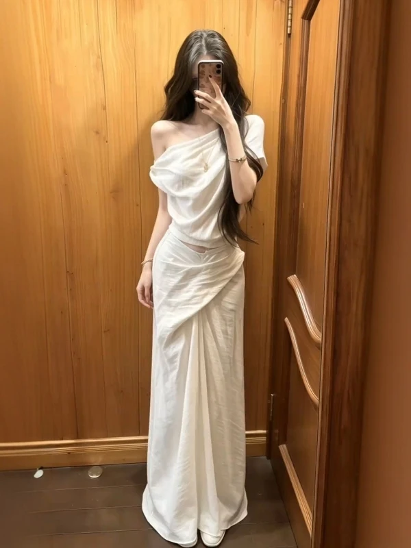 

Slimming High Waist Short Sleeve Women's Set Summer New Fashion Half Skirt Elegant Loose Shoulder Bridesmaid Outfits