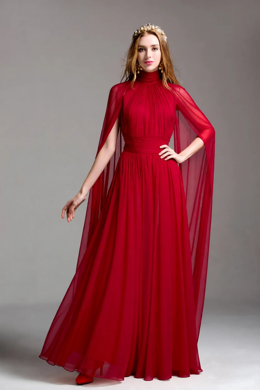Red High Neck Cape Maxi Dress for Women - Elegant Floor Length Gown with Pleated Bodice & Sheer Long Sleeves Prom Vestidos