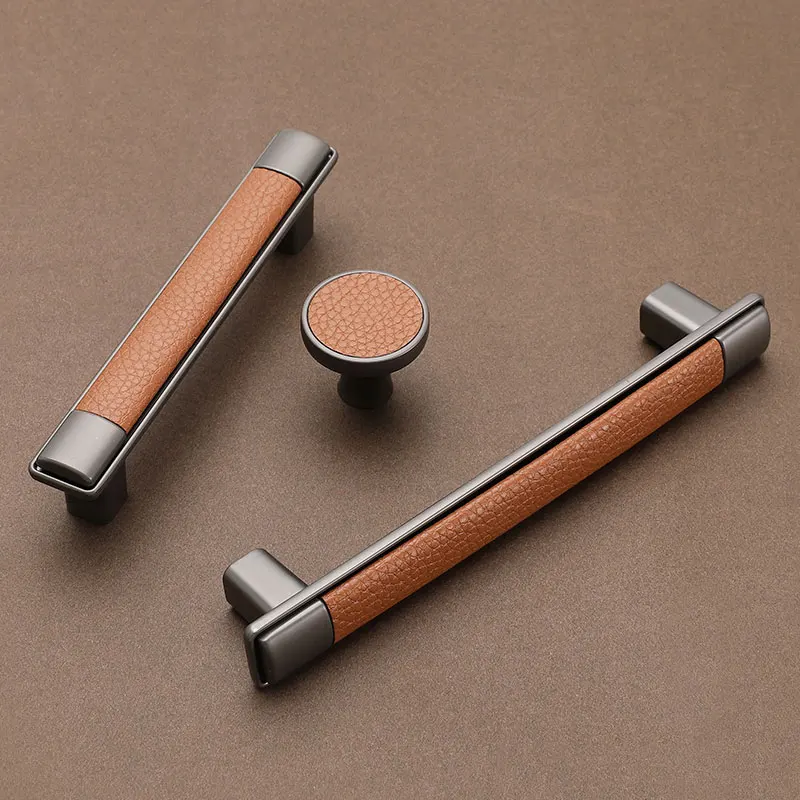 Leather Kitchen Cabinet Handles Bedroom Wardrobe Pulls Grey Round Knobs for Drawer and Dresser Zinc Alloy Furniture Hardware