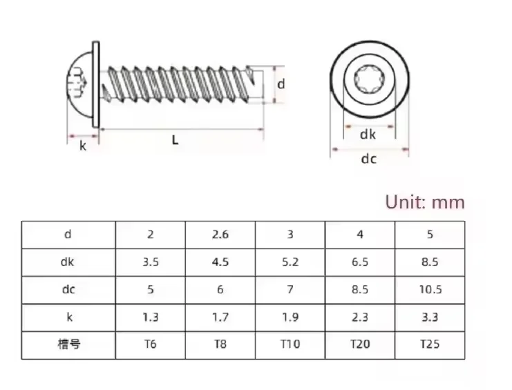 304 Stainless Steel M2 M2.6 M3 M4 M5 Torx Round Head with Washer Tapping Screw Flat Tail Screws Length 4~30 mm
