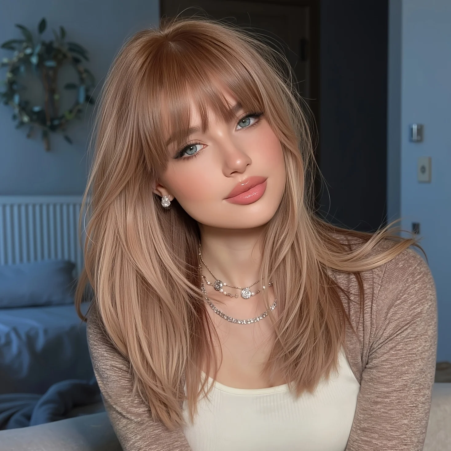 18-Inch Lady Pink-Brown Air Bangs Mechanically Layered Full Head Wig, Elegant Princess Style Suitable For - view 2
