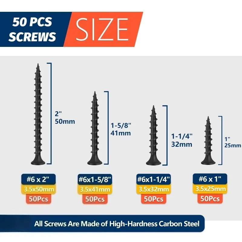 50pcs #6 High Hardness Drywall Screws Coarse Thread, for Phillips Drive Bugle Head Black Wood Screws, DIY Home Repair Industrial