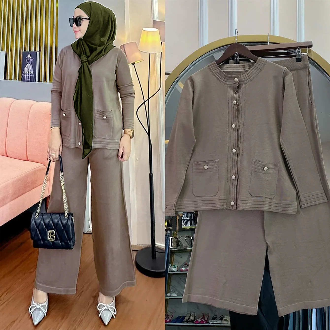 Muslim Women Matching Sets Long Sleeve Solid Color Tops And Loose Trouser Suits Elegant Fashion Casual Tracksuit Kaftan 2024 ﻿