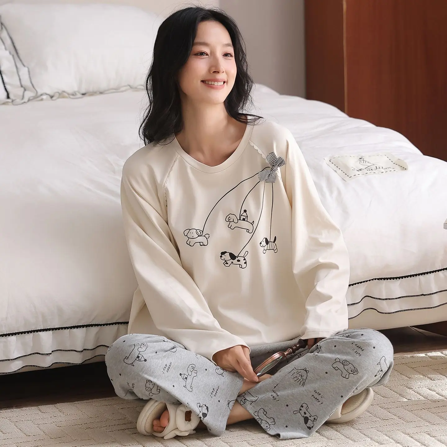 أطقم بيجامات قطنية 100% بأكمام طويلة لربيع وخريف 2026 للنساء ملابس نوم كورية لطيفة ملابس منزلية بيجاما موهير ملابس منزلية