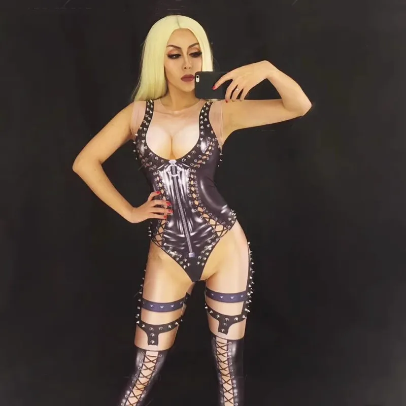 

Halloween Party Women Rivet Sleeveless Printed Jumpsuit Cosplay Costume Club Nightclub Show Stage Wear Festival Clothing